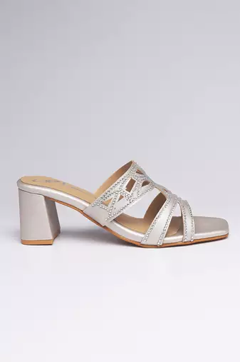 Silver faux leather block heels