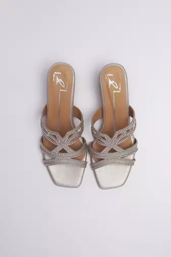 Silver faux leather block heels
