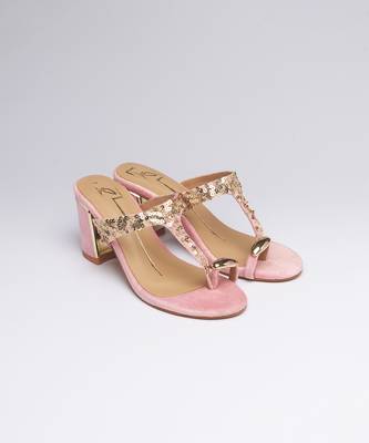 Pink colorblocked velvet embroidered heels 1