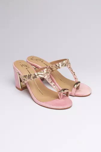 Pink colorblocked velvet embroidered heels