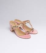 Pink colorblocked velvet embroidered heels