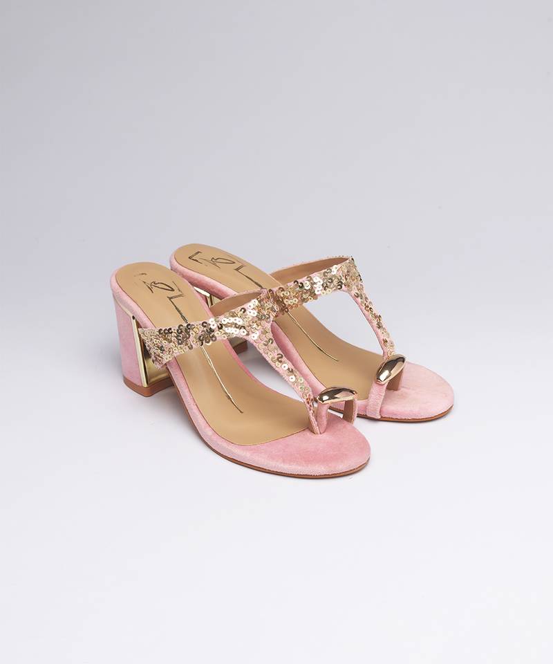 Pink colorblocked velvet embroidered heels