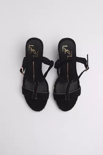 Black colorblocked velvet wedges heels