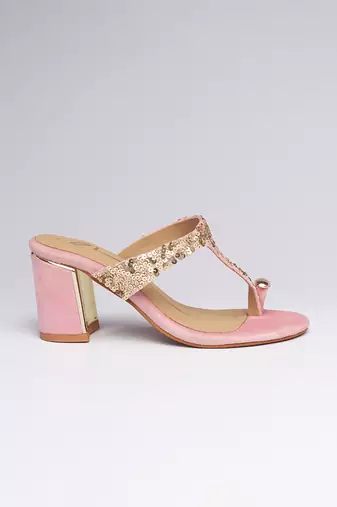 Pink colorblocked velvet embroidered heels