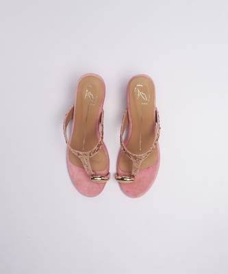 Pink colorblocked velvet embroidered heels 3