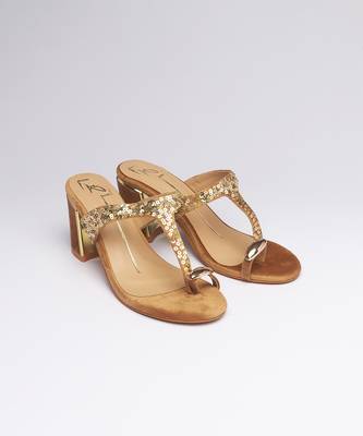 Gold colorblocked velvet embroidered heels 1