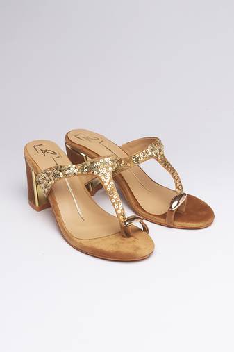 Gold colorblocked velvet embroidered heels