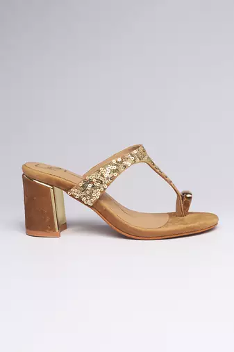 Gold colorblocked velvet embroidered heels