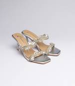 Silver faux leather embroidered heels