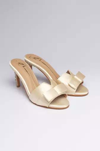 Gold swarovski satin leather heels