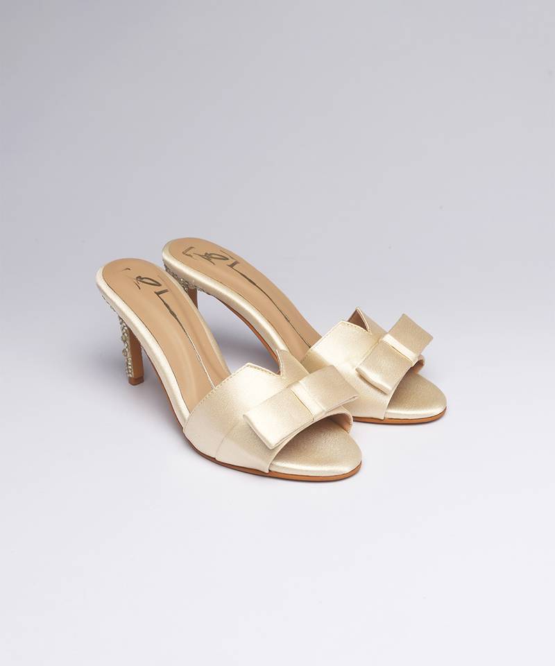 Gold swarovski satin leather heels