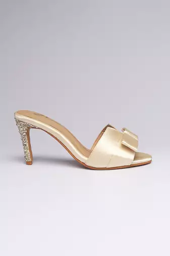 Gold swarovski satin leather heels