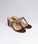 Brown colorblocked velvet embroidered heels