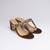 Brown colorblocked velvet embroidered heels