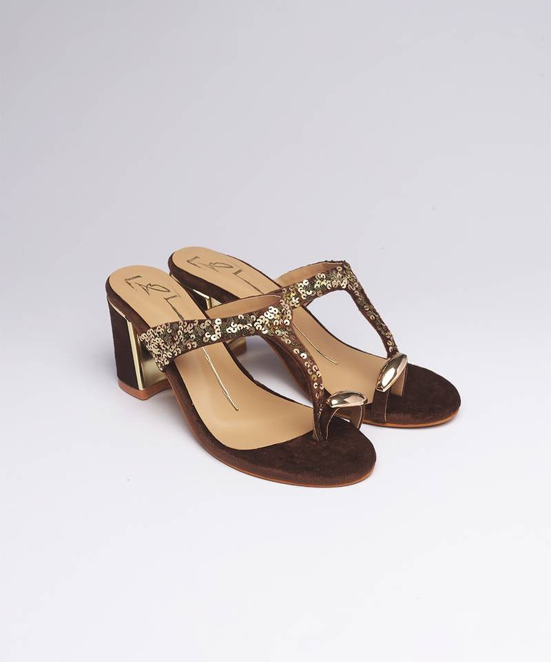 Brown colorblocked velvet embroidered heels