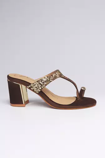 Brown colorblocked velvet embroidered heels