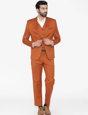 Men orange solid single-breasted regular fit party suit 1