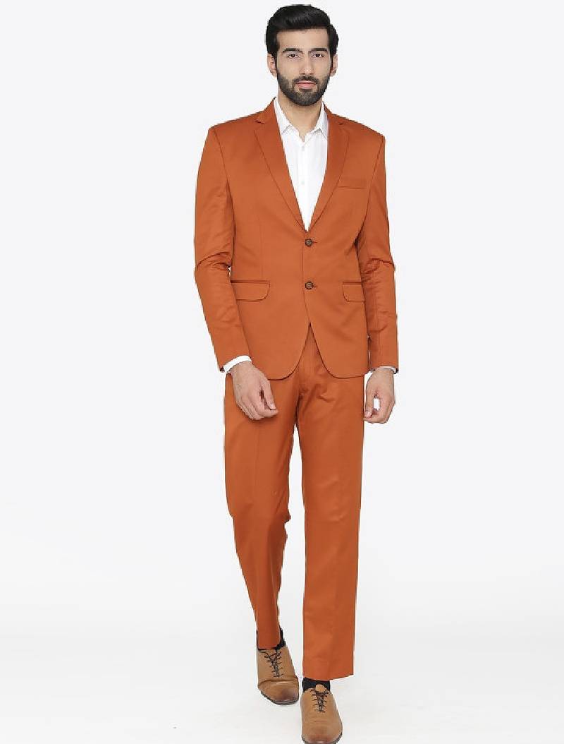 Men orange solid single-breasted regular fit party suit