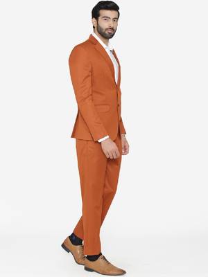 Men orange solid single-breasted regular fit party suit 3