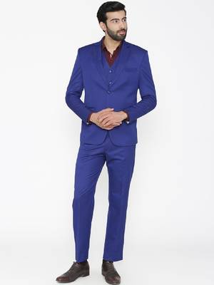 Men blue solid single-breasted regular fit party suit 1