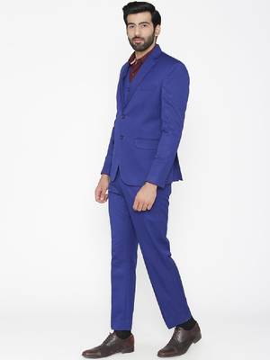 Men blue solid single-breasted regular fit party suit 3
