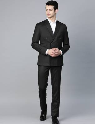 Men black solid slim fit double-breasted formal suit 1
