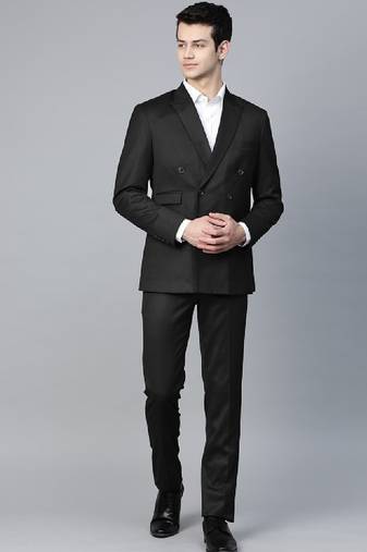 Men black solid slim fit double-breasted formal suit