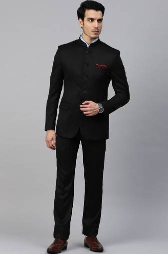 Men black solid slim fit bandhgala suit