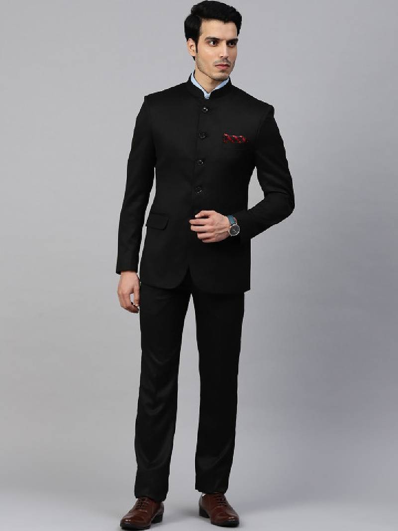 Men black solid slim fit bandhgala suit