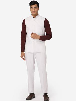 Men white solid bandhgala formal two-piece suit 1