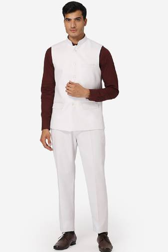 Men white solid bandhgala formal two-piece suit