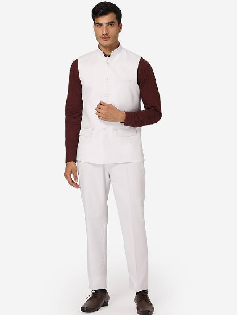 Men white solid bandhgala formal two-piece suit