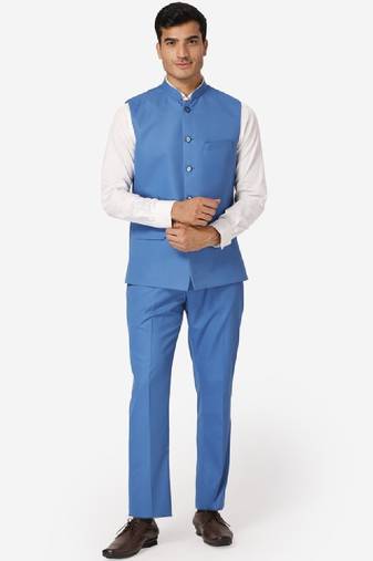 Men blue solid bandhgala formal two-piece suit