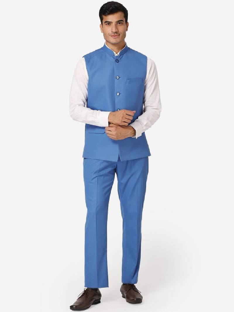 Men blue solid bandhgala formal two-piece suit