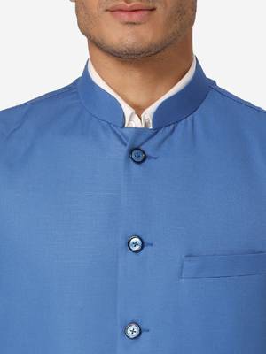 Men blue solid bandhgala formal two-piece suit 2