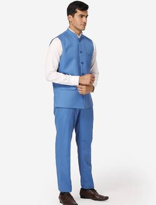 Men blue solid bandhgala formal two-piece suit 4