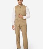 Men beige solid bandhgala formal two-piece suit