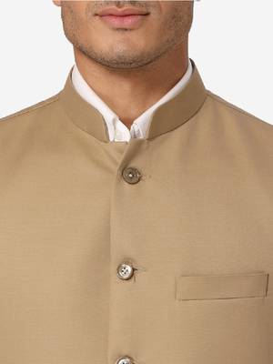 Men beige solid bandhgala formal two-piece suit 2