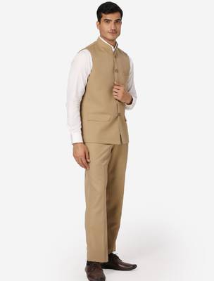 Men beige solid bandhgala formal two-piece suit 4