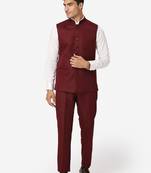 Men maroon solid bandhgala formal two-piece suit