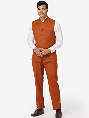 Men rust orange solid bandhgala formal two-piece suit 1