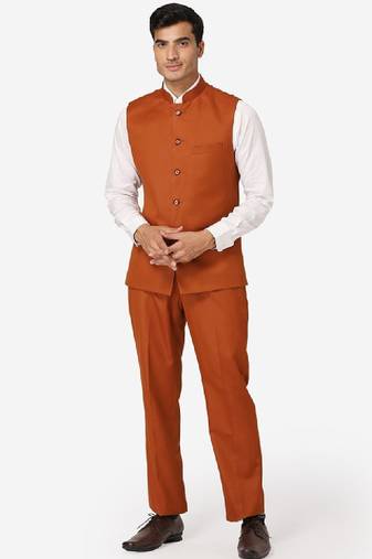 Men rust orange solid bandhgala formal two-piece suit