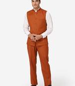 Men rust orange solid bandhgala formal two-piece suit