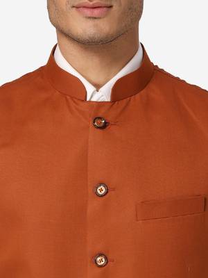 Men rust orange solid bandhgala formal two-piece suit 2
