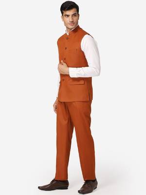 Men rust orange solid bandhgala formal two-piece suit 4