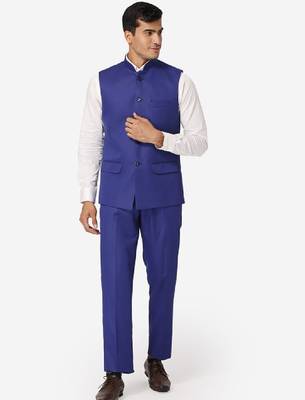 Men blue solid bandhgala formal two-piece suit 1