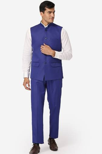 Men blue solid bandhgala formal two-piece suit