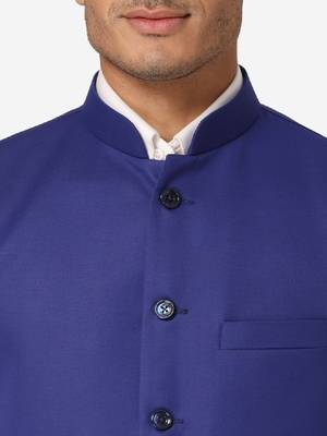 Men blue solid bandhgala formal two-piece suit 2
