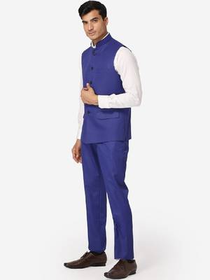 Men blue solid bandhgala formal two-piece suit 4