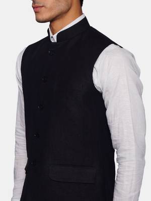 Men black solid bandhgala formal two-piece suit 2
